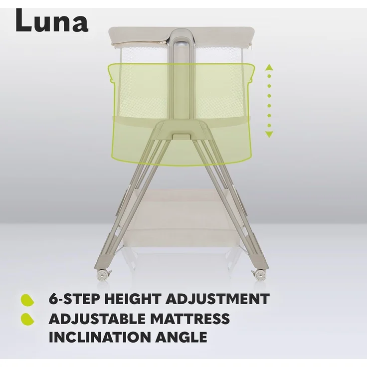 lionelo Luna 2-in-1 Nachttisch für Babys von Geburt bis 9 kg, mit Verstellbarer Höhe und Neigung, 4 feststellbare Räder, tragbar, atmungsaktiv, Netzgewebe, waschbare Matratze und Bezugskorb – Bild 3