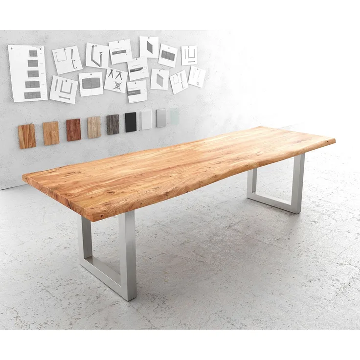 Esstisch Edge 280x100cm XL Akazie Natur Edelstahl breit Live-Edge