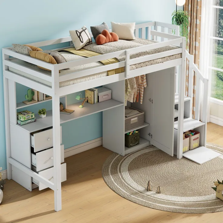 Merax Hochbett Etagenbett 90*200cm Kinderbett mit Schreibtisch und Kleiderschrank, Treppe, multifunktionales Kinderetagenbett, ausgestattet mit Schubladen und Treppenschrank, weiß