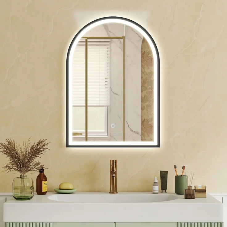 Badezimmerspiegel mit Beleuchtung 50 x 70 cm, gewölbter LED-Spiegel, beschlagfrei, 3 Lichtfarben, dimmbar, Speicherfunktion, schwarz – Bild 4