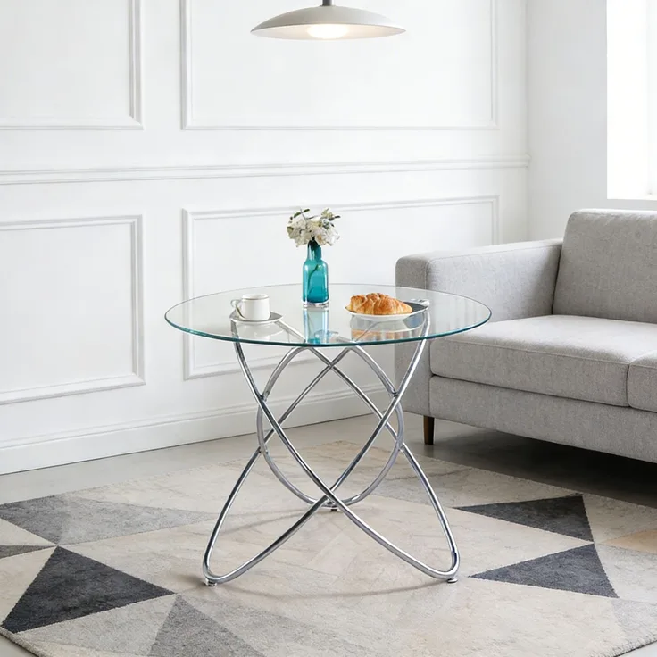 Esstisch aus Glas und Metall in Chrom, modernes Design, pflegeleichte Oberfläche