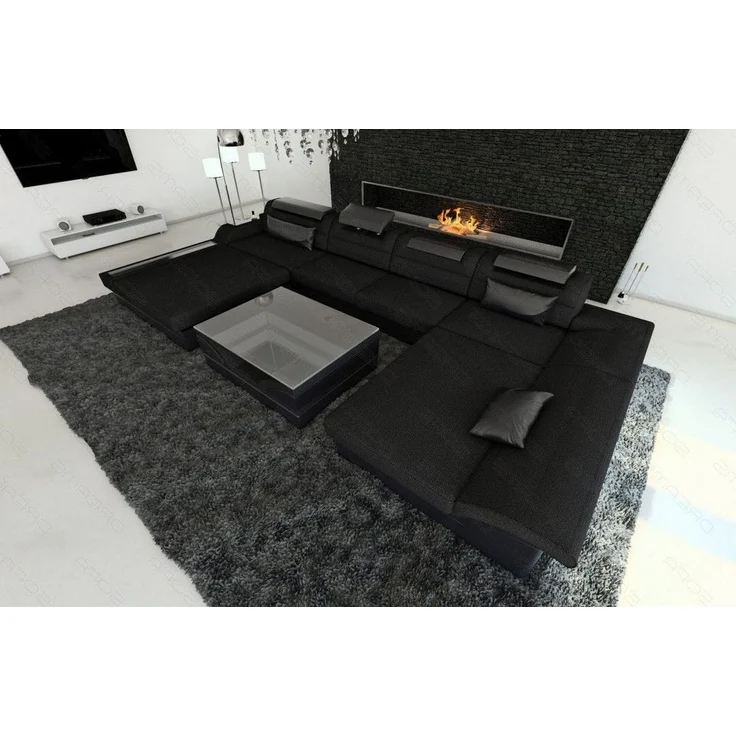 Stoff-Wohnlandschaft Monza LED U-Form - Strukturstoff - Schwarz-Schwarz - Rechts – Bild 6