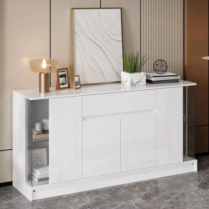 Sideboard 150 x 40 x 75 cm aus Spanplatte in Weiß Hochglanz mit Glasvitrinen und App-gesteuerter LED-Beleuchtung
