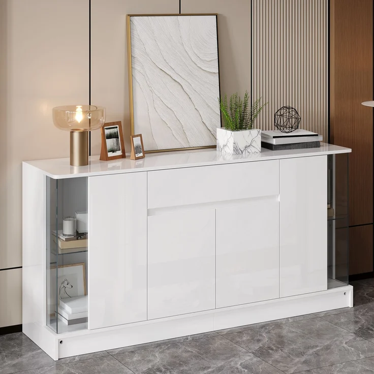 Sideboard 150 x 40 x 75 cm aus Spanplatte in Weiß Hochglanz mit Glasvitrinen und App-gesteuerter LED-Beleuchtung – Bild 1