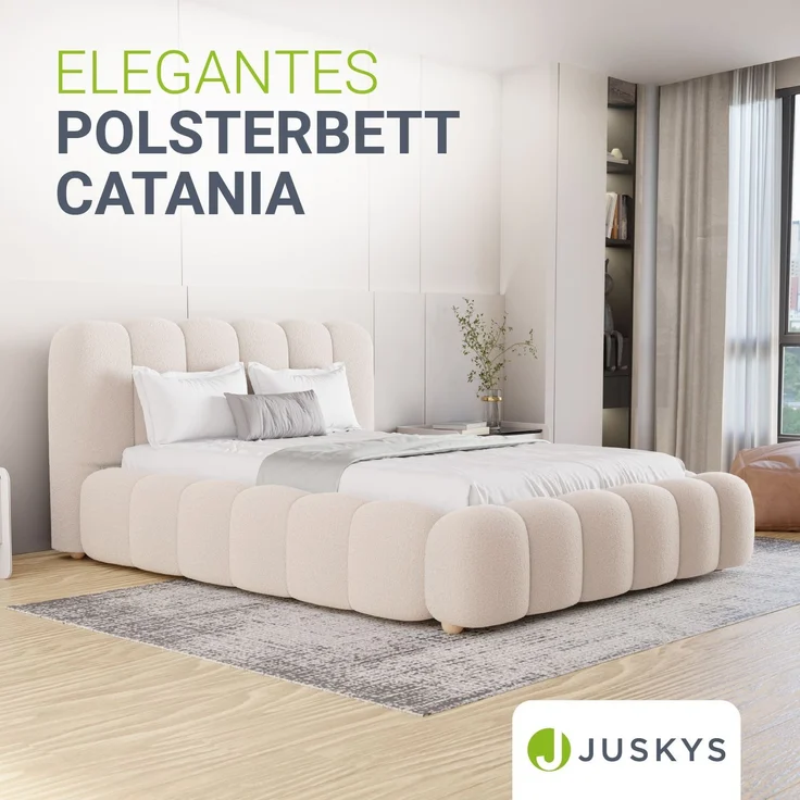 Juskys Polsterbett Catania - Bubble Design, gepolstertes Kopfteil, stabile Kontruktion - 140 x 200 cm - Creme – Bild 2