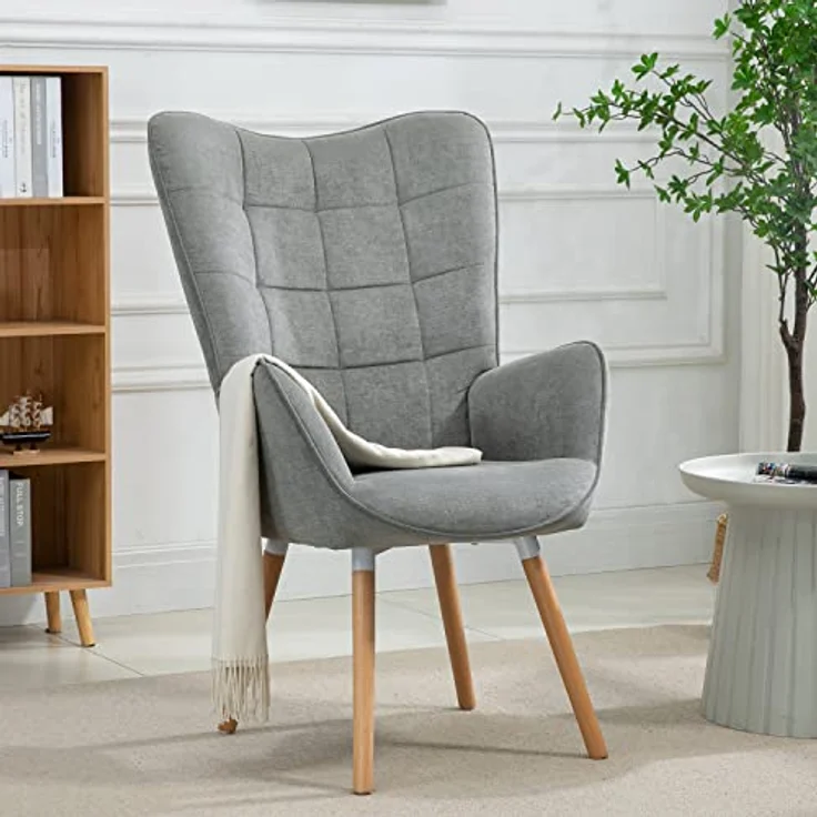 MEUBLE COSY Sessel Relaxsessel Lehnstühle Polstersessel Einzelsofa mit Holzbein Ohrensessel für Wohnzimmer Schlafzimmer Büro Vanity, Stoff, Grau – Bild 3