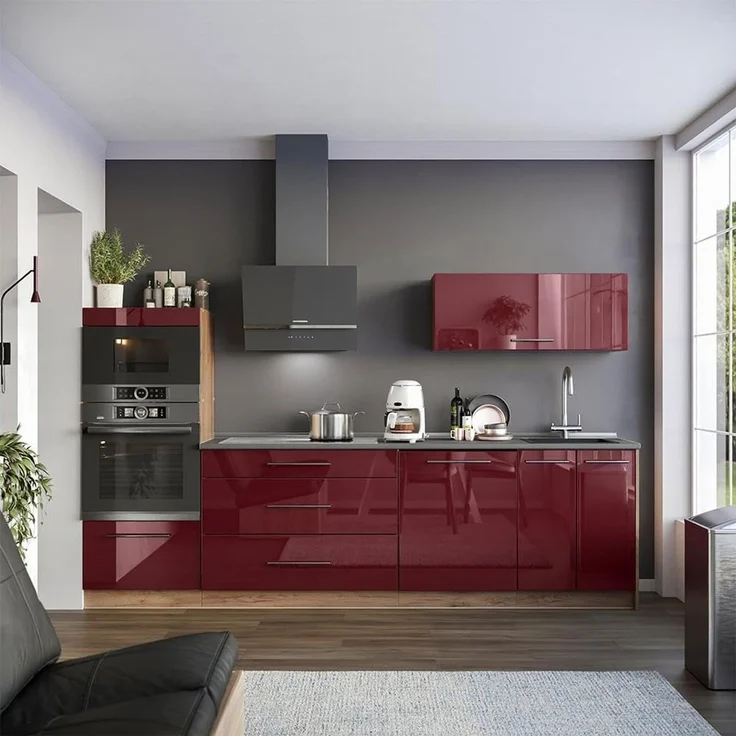 Küchenzeile Fame-Line Bordeaux Hochglanz/Goldkraft Eiche 280 cm, AP Anthrazit Vicco – Bild 2