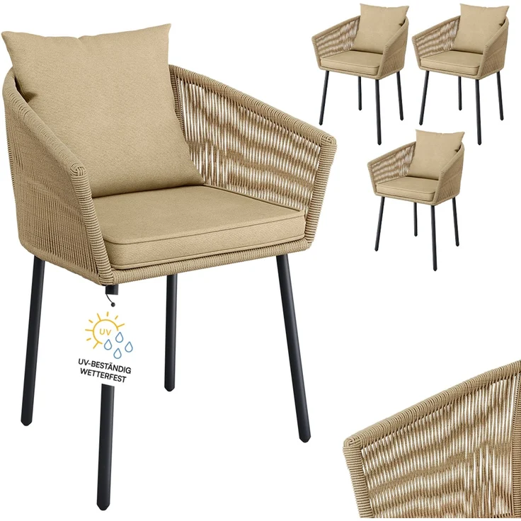 STEELSØN 'Nair' Polyrattan Gartenstuhl, 4er-Set, hellbraun, wetterfest & UV-beständig, Balkonstühle bis 160 kg belastbar, Gartensessel inkl. Kissen – Bild 1