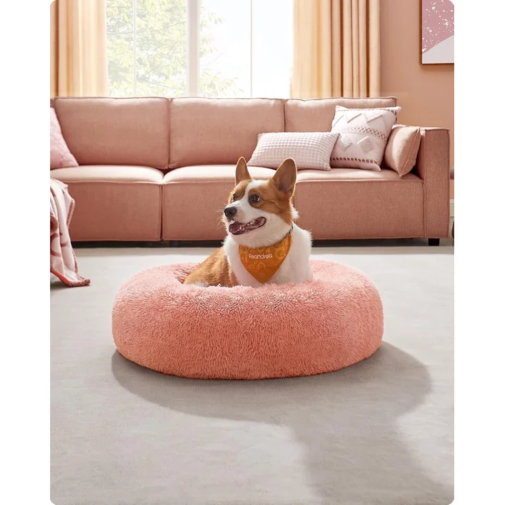 Feandrea Hundebett flauschig, Katzenbett, Donut Kissen, waschbar, Polsterung in der Mitte herausnehmbar, Langer Plüsch, 80 cm Durchmesser, rosa PGW040R01 – Bild 2