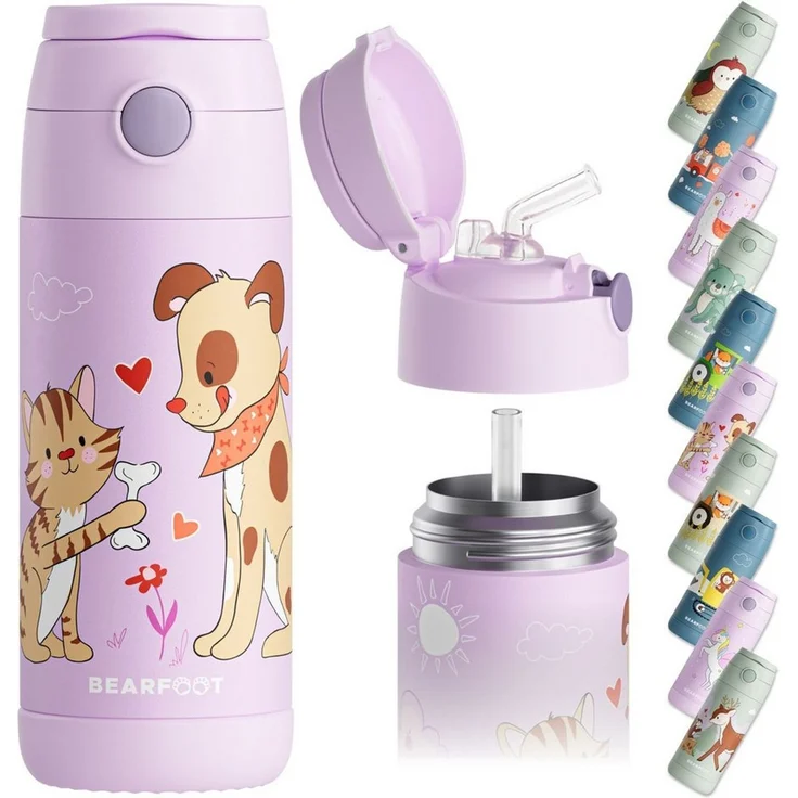 BEARFOOT Trinkflasche Thermo Kinder Trinkflasche Edelstahl - Hund & Katze lila, Thermosflasche, auslaufsicher, Edelstahl, Kinderflasche, BPA-frei – Bild 1
