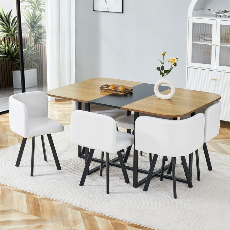 Ausziehbare Esstischgruppe mit 6 Stühlen, MDF-Holzmaserung, schwarzes Metallgestell, modern,H 79 x T 150 x B 100 cm – Bild 2