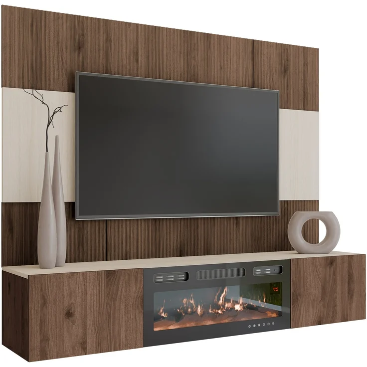 Wohnwand Deromi III mit Kamin (Farbe: Nuss Okapi + Travertin) – Bild 2