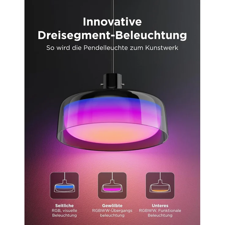 Govee Pendelleuchte, Smart RGBIC und Weißlicht-Hängelampe Esstisch, Drei Lichtringe Segmentierungskontrolle Pendant Light, Dimmable Esszimmerlampe Funktioniert mit Matter für Küche Esstisch – Bild 2