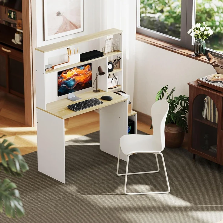 HOMCOM Computertisch mit offenen Regalen, CPU-Ständer, Stahlgestell (Schreibtisch, 1-St, Bürotisch), für Home Office, Schlafzimmer Eiche – Bild 6