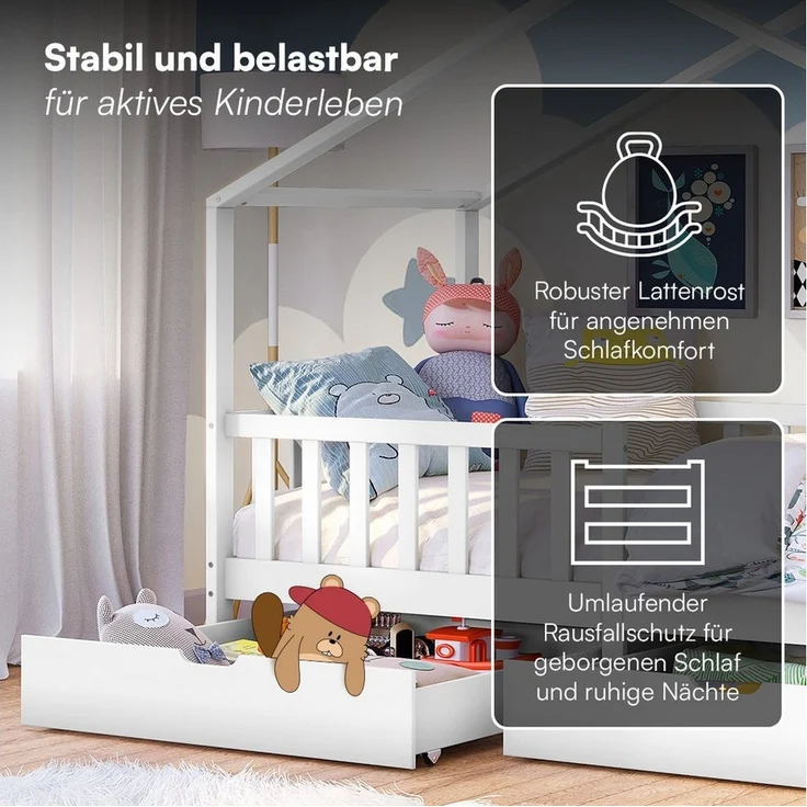 Bellabino Kinderbett Bia mit Rausfallschutz & Lattenrost (weiß, mit zwei Schubladen und Matratze), Kinderbett aus Kiefernholz, verfügbar in 80x160/90/120/140x200 cm – Bild 3