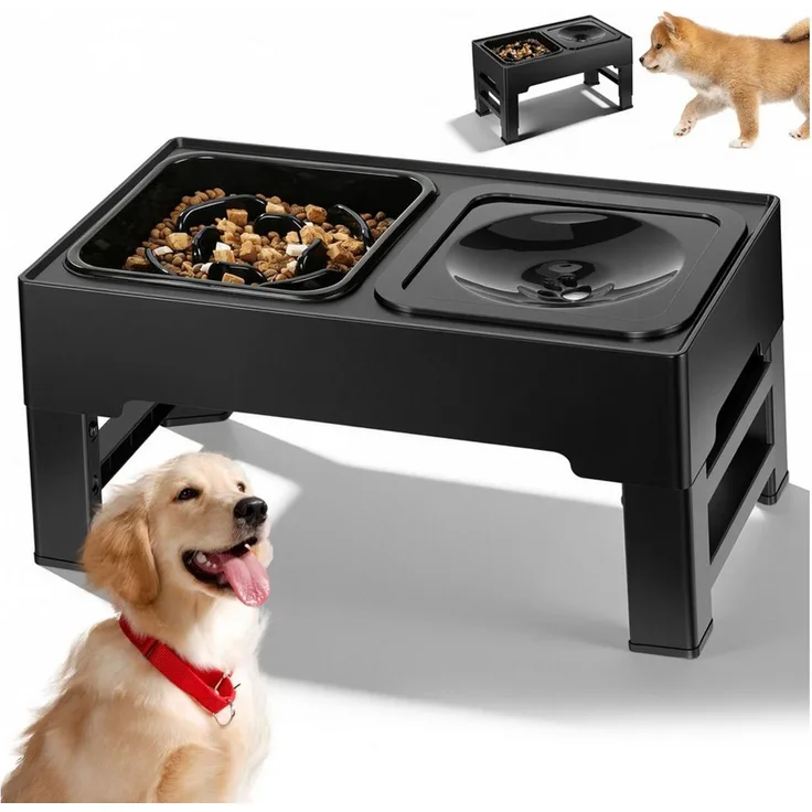 LEMLIT Futternapf Erhöhter Hundenapf Fressnapf Futterstation für Hunde, Kunststoff, 4 Höhen, Anti-Schlingnapf & Spritzfreier Wassernapf