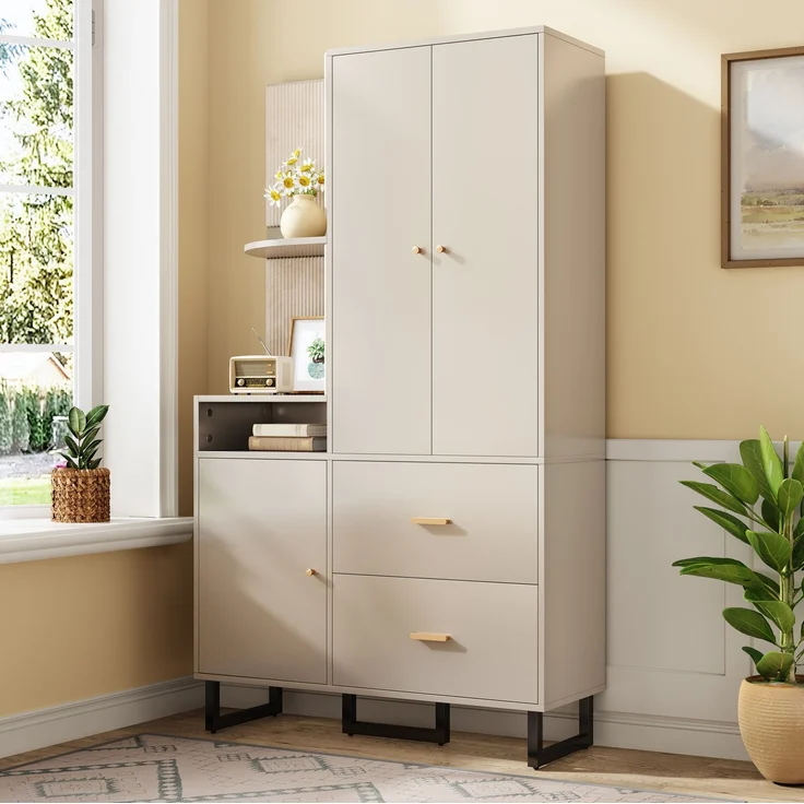 CHICFURN Schrank 110x186x38 cm mit gepolsterten Stoffpaneelen und 2 Schubladen – Beige+Grau – Bild 2