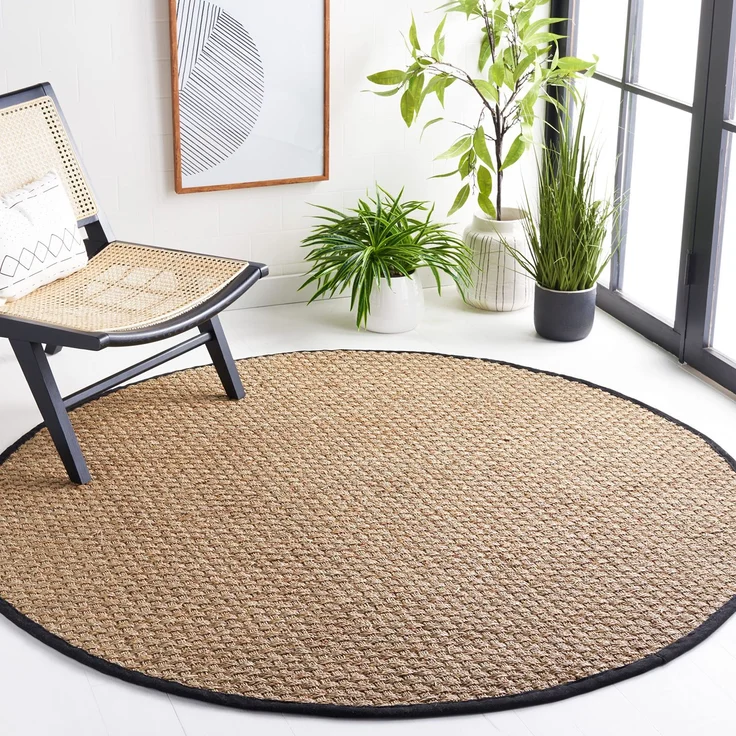 Safavieh Naturfaser Teppich für Wohnzimmer, Esszimmer, Schlafzimmer - Natural Fiber Collection, Kurzer Flor, Natürlich und Schwarz, 91x91 cm