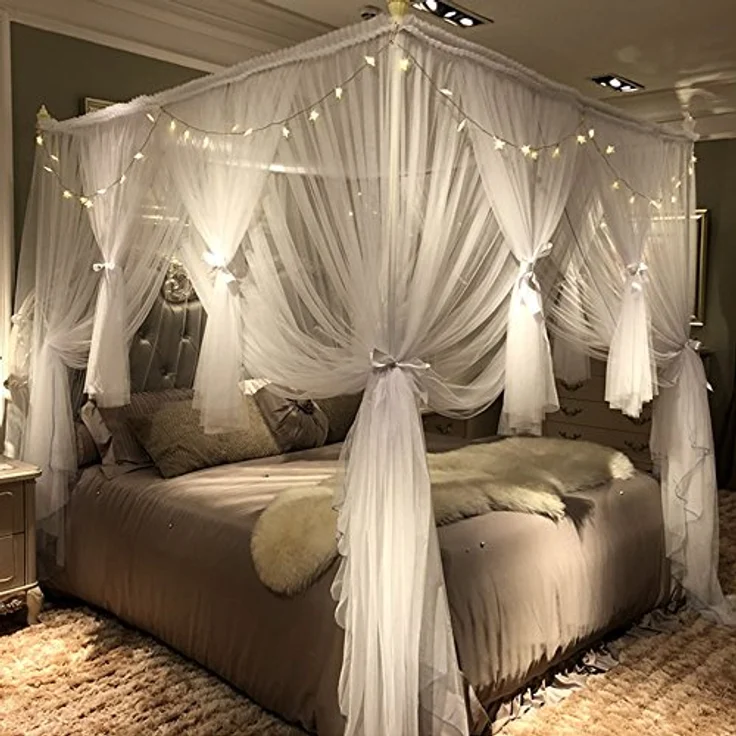 Joyreap Bettvorhang mit 4 Ecken, für Mädchen und Erwachsene, luxuriöses, gemütliches Drapiernetz, niedliche Prinzessinnen-Schlafzimmer-Dekoration, Zubehör (weiß, 218,4 cm B x 198,1 cm L, King-Size) – Bild 2