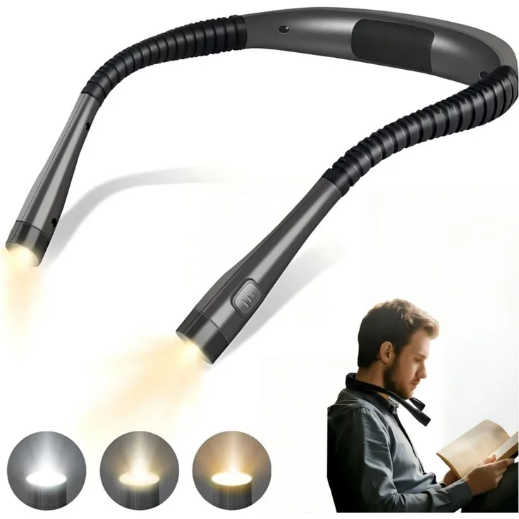 Toomoke LED Leselampe Nackenlampe, Buchlampe, flexibles Leselicht, Akku Halslampe zum Lesen, Stricken, Häkeln, Nähen und Camping, 3 Lichtfarben, 3 Helligkeitsstufen, flexible Arme, USB-C, 1000 mAh
