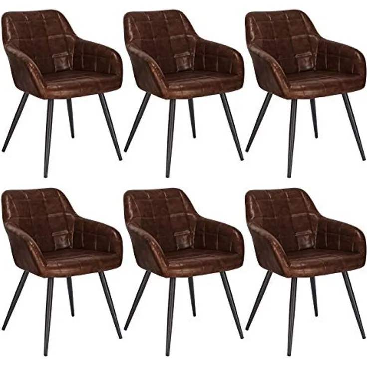 WOLTU 6 x Esszimmerstühle 6er Set Esszimmerstuhl Küchenstuhl Polsterstuhl Design Stuhl mit Armlehnen, mit Sitzfläche aus Kunstleder, Gestell aus Metall, Antiklederoptik, Dunkelbraun, BH245dbr-6