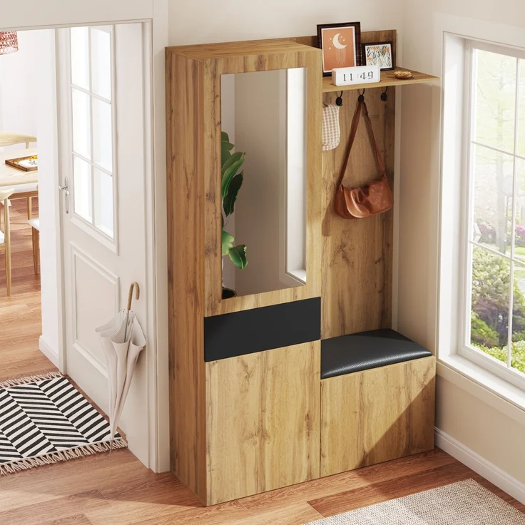 Merax Garderobenset mit 5 Garderobenhaken, Spiegel, Schuhschrank, Einbauschrank mit oberen Regalen, Schubladen, oberen Ablagefächern, Holzfarbe – Bild 2