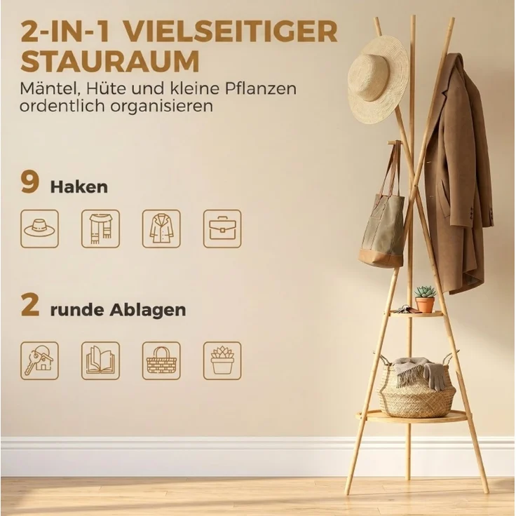 Garderobenständer mit 9 Haken und 2 Ablagen, 58,5×58,5×176 cm, Natur – Bild 5