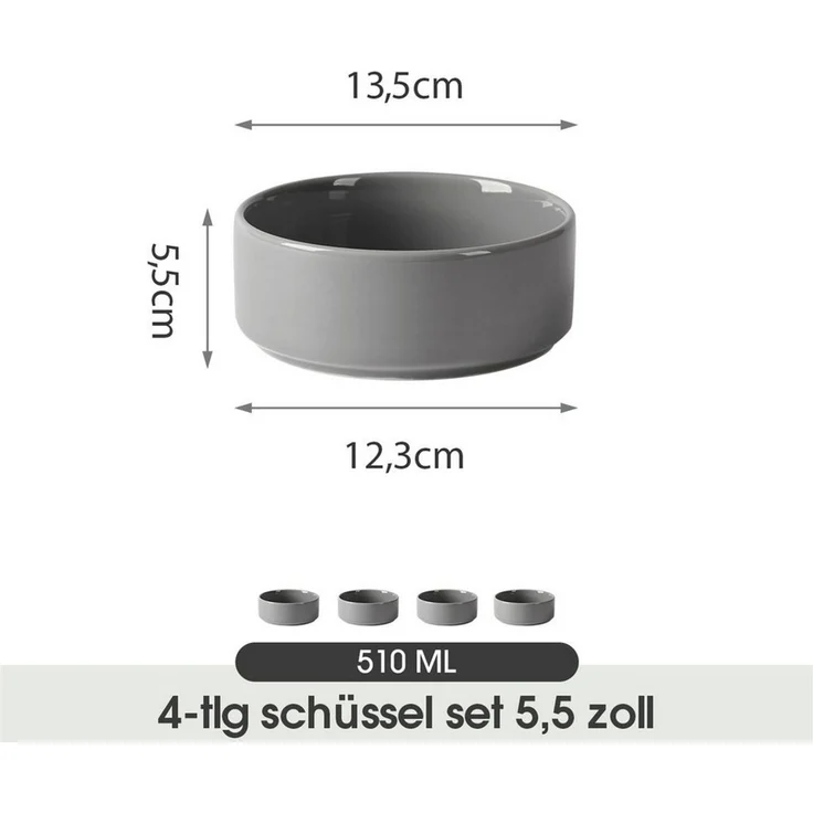 JIWOO Salatschüssel 4er Ø13,5cm, Müslischüssel Suppenschüssel Dessertschale Obstschale, Keramik, (Schüsselset, 4-tlg), Bowl Hochwertiges Schüsseln Grau Schüssel Mikrowellenofen Spülmaschine – Bild 1