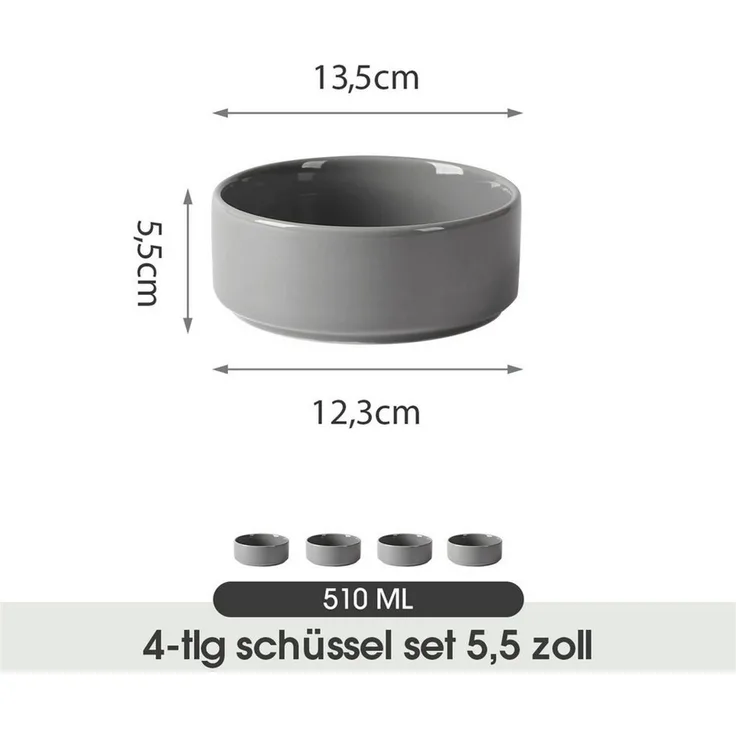 JIWOO Salatschüssel 4er Ø13,5cm, Müslischüssel Suppenschüssel Dessertschale Obstschale, Keramik, (Schüsselset, 4-tlg), Bowl Hochwertiges Schüsseln Grau Schüssel Mikrowellenofen Spülmaschine