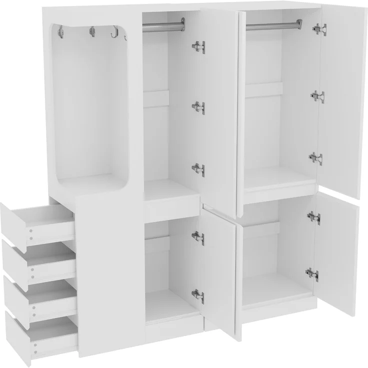 CHICFURN Kleiderschrank aus Holz, Weiß, 140x170x40 cm, mit 4 Schubladen und offenem Hängebereich – Bild 5