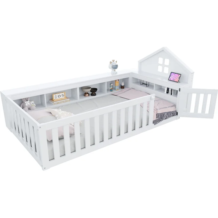 Kinder Hausbett aus Massivholz mit Stauraum, Sicherheitsgeländer & kleiner Tür,mit Dachdesign, Fensteroptik & Regalfächern,Weiß – Bild 5