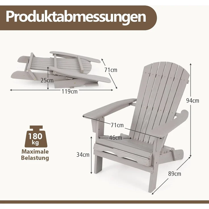 FANTASK 2er Set Adirondack-Stuhl von 51x46 cm, Gartensessel mit hoher Rückenlehne & Breiten Armlehnen, Chair aus Holz für Garten, Grau – Bild 2