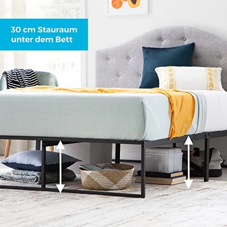 Linenspa Moderner Bettrahmen – Metallbett mit Lattenrost aus Stahl – 30 cm Stauraum unter Bestgestell – Schnelle Montage – Bett 140x200 cm, Schwarz – Bild 6