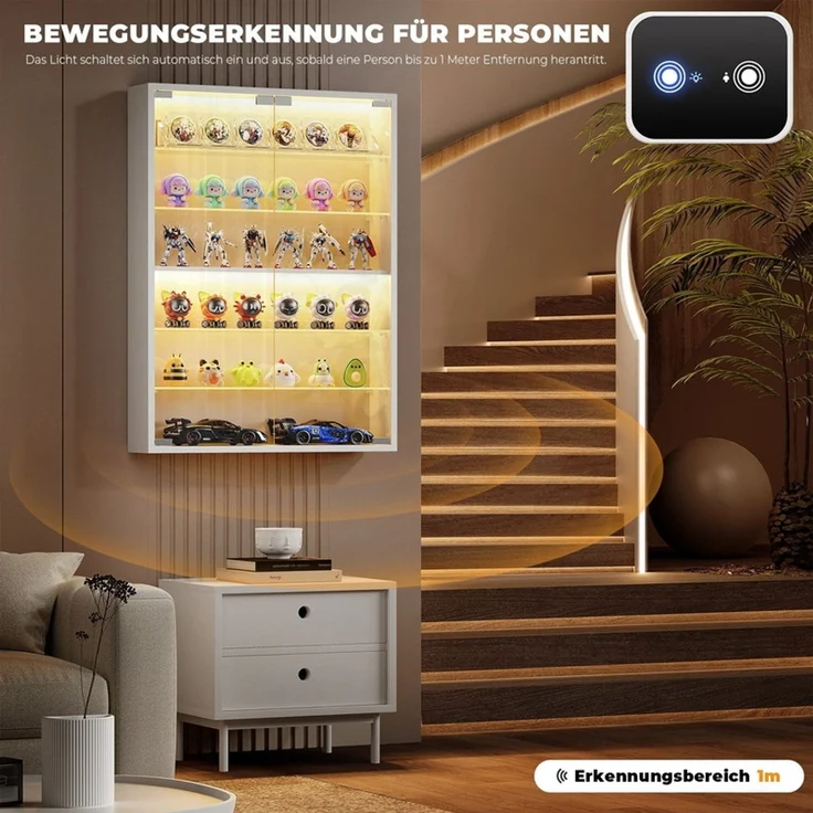 Hängevitrine 60x12x80 cm, Wandvitrine mit 6 verstellbaren Glasböden, LED-Beleuchtung und Sensor, Weiß – Bild 7