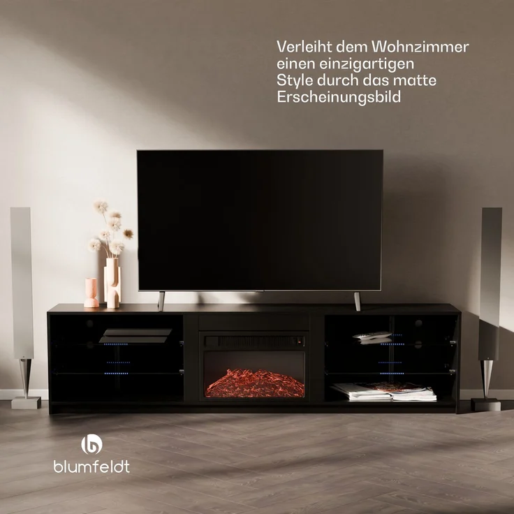 blumfeldt Lowboard Perth Medium Lowboard 160 fireplace, Fernsehschrank Schwarz TV-Schrank 3 Schubladen 160 x 30 x 40 cm(BxHxT) – Bild 2