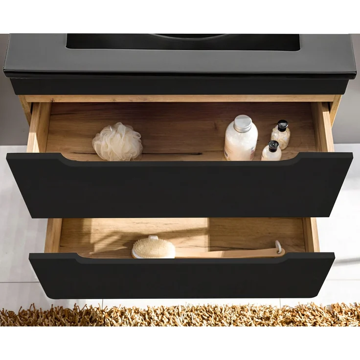 Badmöbel Komplettset in seidenmatt anthrazit mit Wotan Eiche Nb. NEW-LUTON mit 81 cm Keramik-Waschtisch & LED-Spiegel, B/H/T ca. 180/195/46 cm – Bild 3