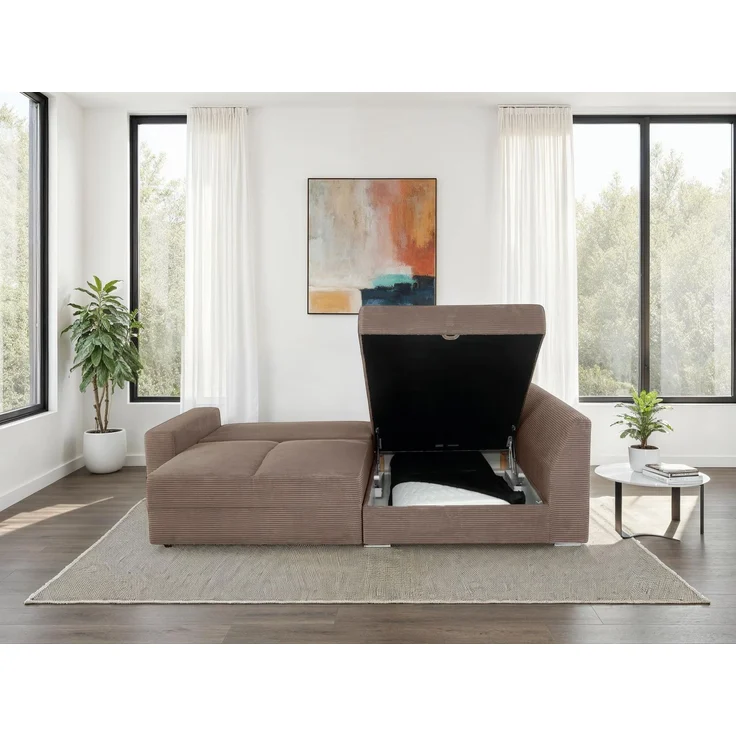 Ecksofa-Dauerschläfer Federkern Topper Bettkasten Schlafcouch Cord Braun Taupe – Bild 3