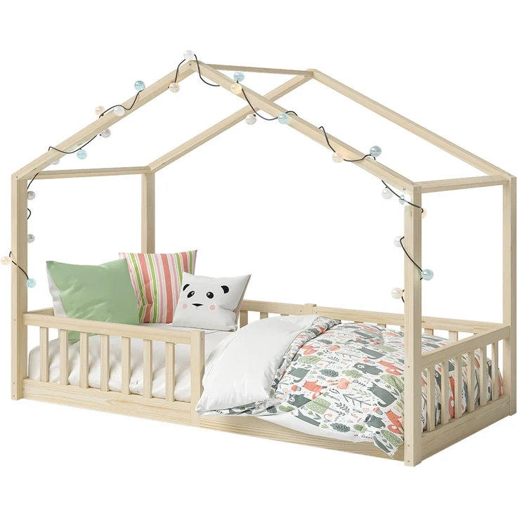 Bellabino 'Bia' Hausbett 90x200 cm, natur, Kiefer Massivholz, Bodenbett in Hausoptik, Montessori Kinderbett mit Rausfallschutz und Lattenrost – Bild 12
