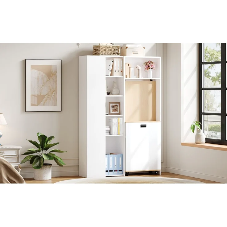ZUBALIYA Klappbarer Schreibtisch mit Ablagen –2-in-1-Bücherregal und Schreibtisch, klappbar, mit Steckdose und USB-Anschluss, höhenverstellbare Ablagen, Kippschutz, weiß-Schreibtisch,Eck-Schreibtisch –links – Bild 20