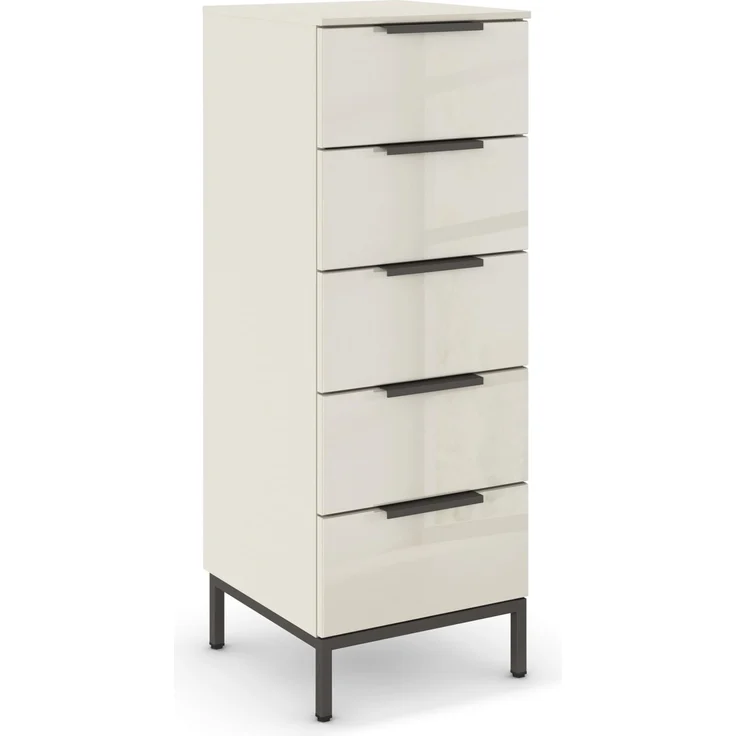 Rauch Möbel Flipp, Nachttisch für Schlafzimmer, Kinderzimmer, Wohnzimmer, Flur, Garderobe, 5 Schubladen, mit Softclose Funktion, Griffe und Metallkufe Graphit, Farbe Glas Beige, Breite 40 cm