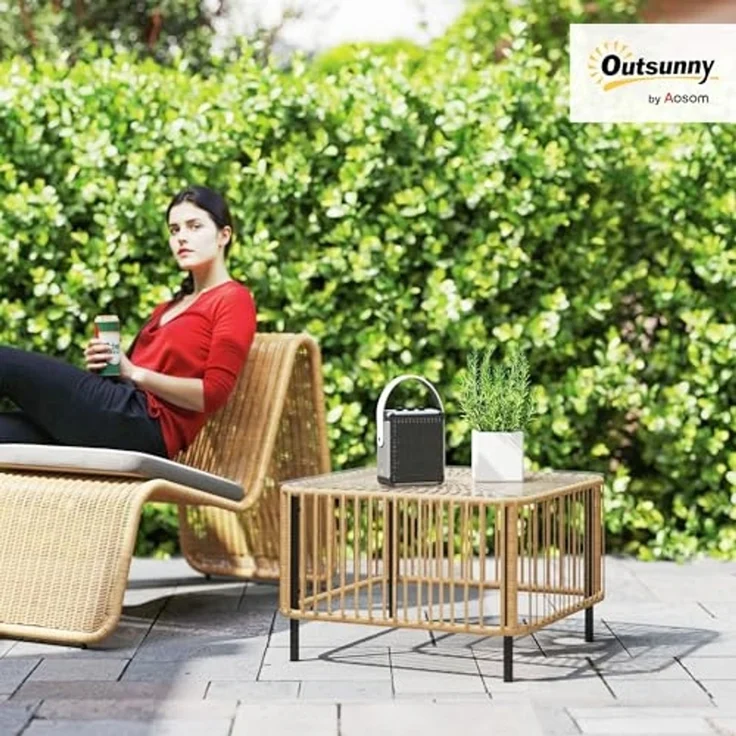 Outsunny Gartentisch aus Polyrattan, mit Glasplatte (quadrarischer Terrassentisch, 1-St, wetterfest Beistelltisch), 65 x 65 x 43 cm, für Garten, Terrasse, Balkon Naturholz – Bild 2