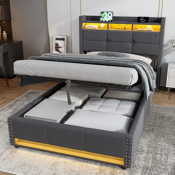 Einzelbett 90x200 cm mit LED-Beleuchtung, Ladefunktion und hydraulischem Stauraum – ohne Matratze