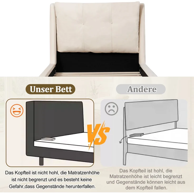 Merax Polsterbett, Einzelbett, Kinderbett 90 x 200cm, Bett mit Lattenrost und Kopfteil, Bettbeine aus Massivholz, gepolstertes Kopfteil, samt, beige – Bild 6