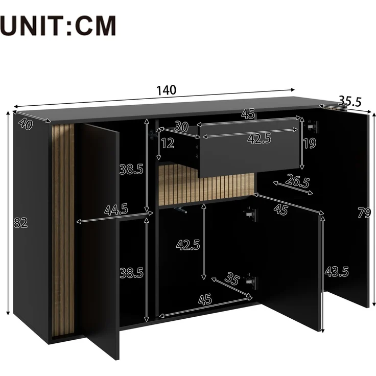 DESVIAE Sideboard Schwarz/Natur aus Spanplatte – 140x82x40 cm – 3 Türen, Schublade, LED-Beleuchtung – Bild 10