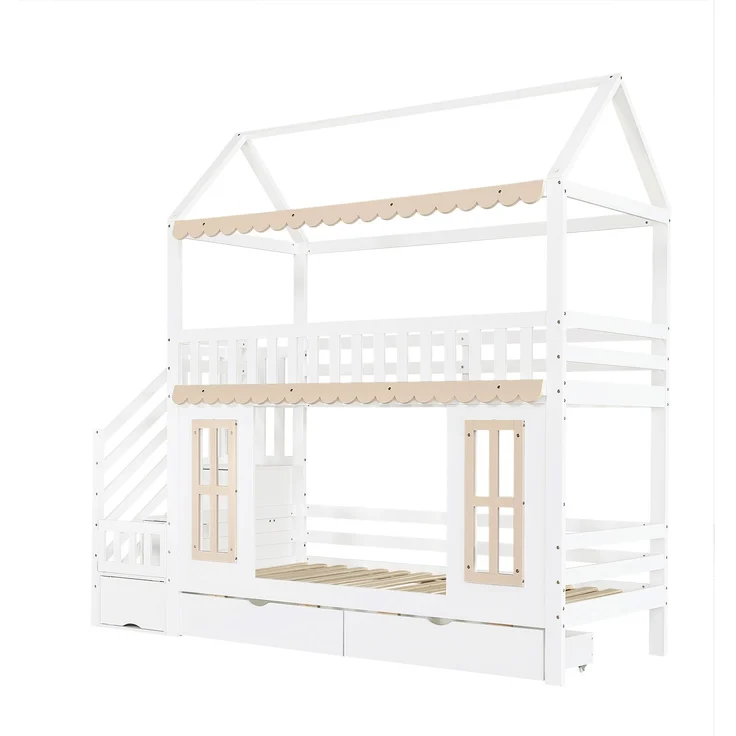 ZUBALIYA Etagenbett, Kinderbett, Hausform, Seitlicher Stauraumschrank mit Leiter, 2 Schubladen, Dekorative Holzfenster und Zierleisten, Kiefer+MDF, Weiß+Natur, 90x200 cm, Natur / Weiß – Bild 20