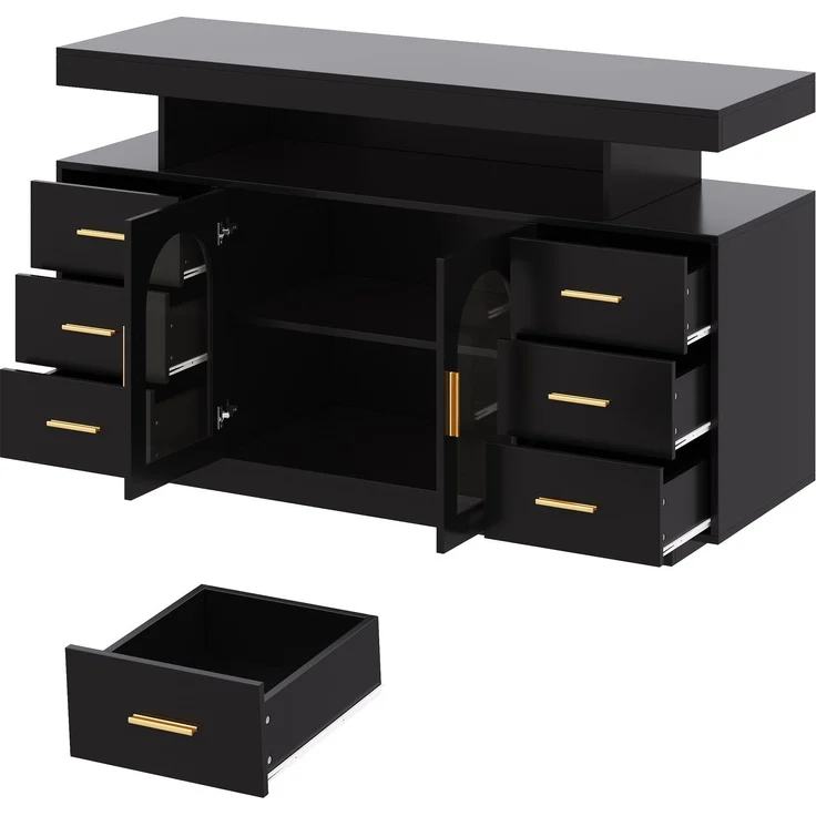 Weinschrank 140 x 40 x 82 cm aus MDF mit 6 Schubladen, Bogenglastüren und RGB-LED-Beleuchtung – Bild 10