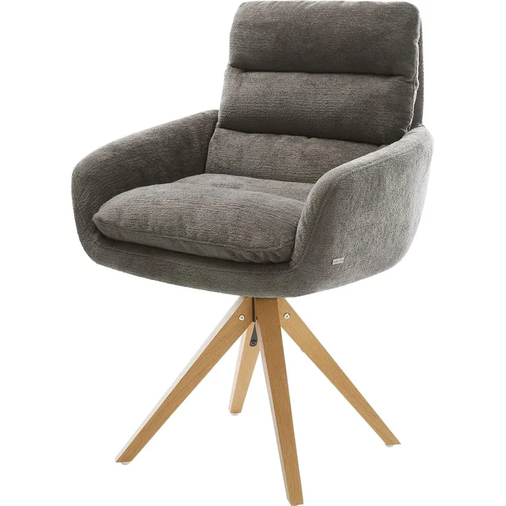 Drehstuhl Abelia-Flex mit Armlehnen Bouclé Soft Schlamm Holzgestell kantig Natur 180° drehbar