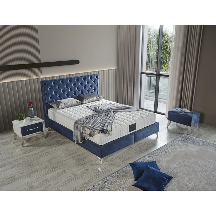 Schlafzimmer-Set "Lona" – Bett mit Bettkasten und Matratze , Nachttisch, Hocker-Blau – Bild 1