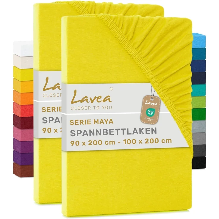 Lavea Spannbettlaken Bettlaken Maya, 180x200cm, 200x200cm, 140x200cm, 160x200cm, 100% Baumwolle Jersey, Gummizug: rundum, (2 Stück), für Matratzen, Topper, Boxspring- und Wasserbetten, weich, langlebig