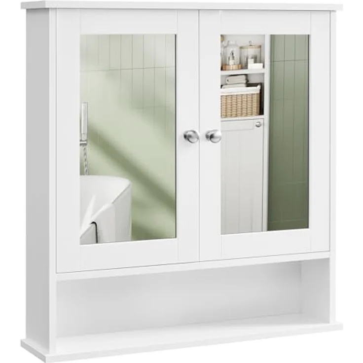 VASAGLE Spiegelschrank, Badschrank, Wandschrank, Hängeschrank mit 2 Spiegeltüren und offenem Fach, verstellbare Ablage, Wandmontage, 15 x 65 x 75 cm, weiß LHC012W01 – Bild 2